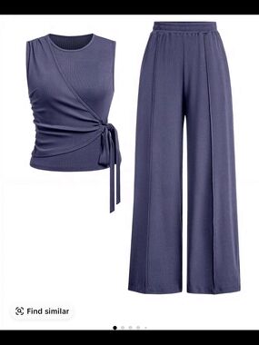 Women's Ribbed Wide-Leg Pants Set - Navy